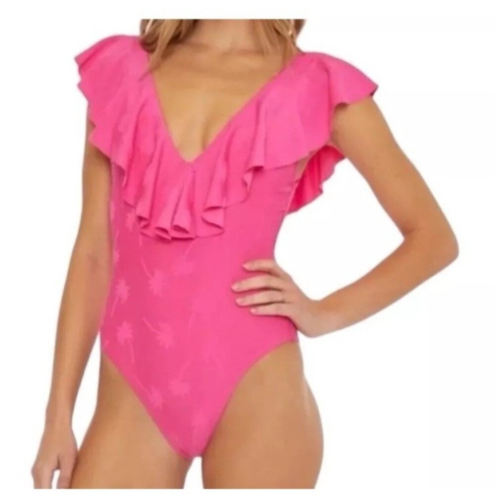 Trina Turk Swimsuit 6 Venus Pink Sway Ruffle Plunge 1 Piece‎ Resort Vacation